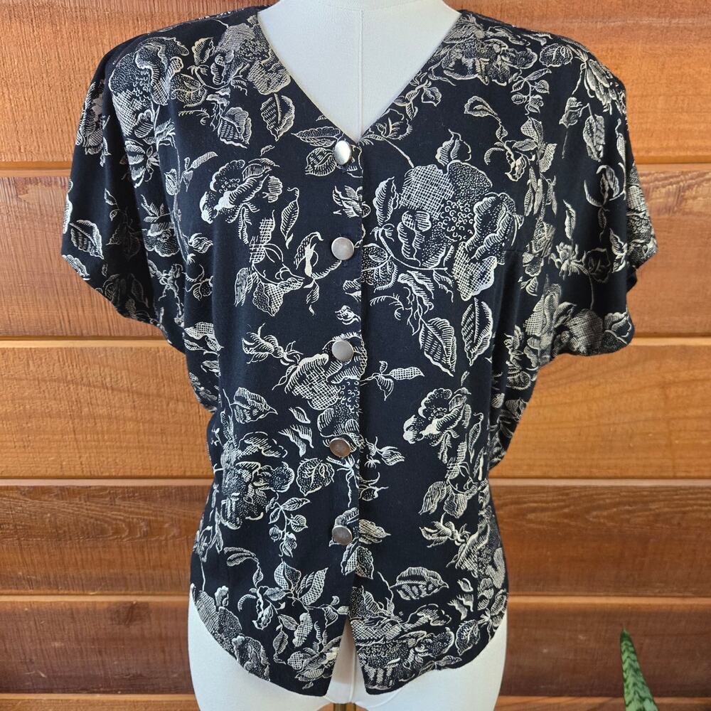 Moara Womens Vintage 90s Black Floral Button-Up Batwing Top M Whimsigoth Indie